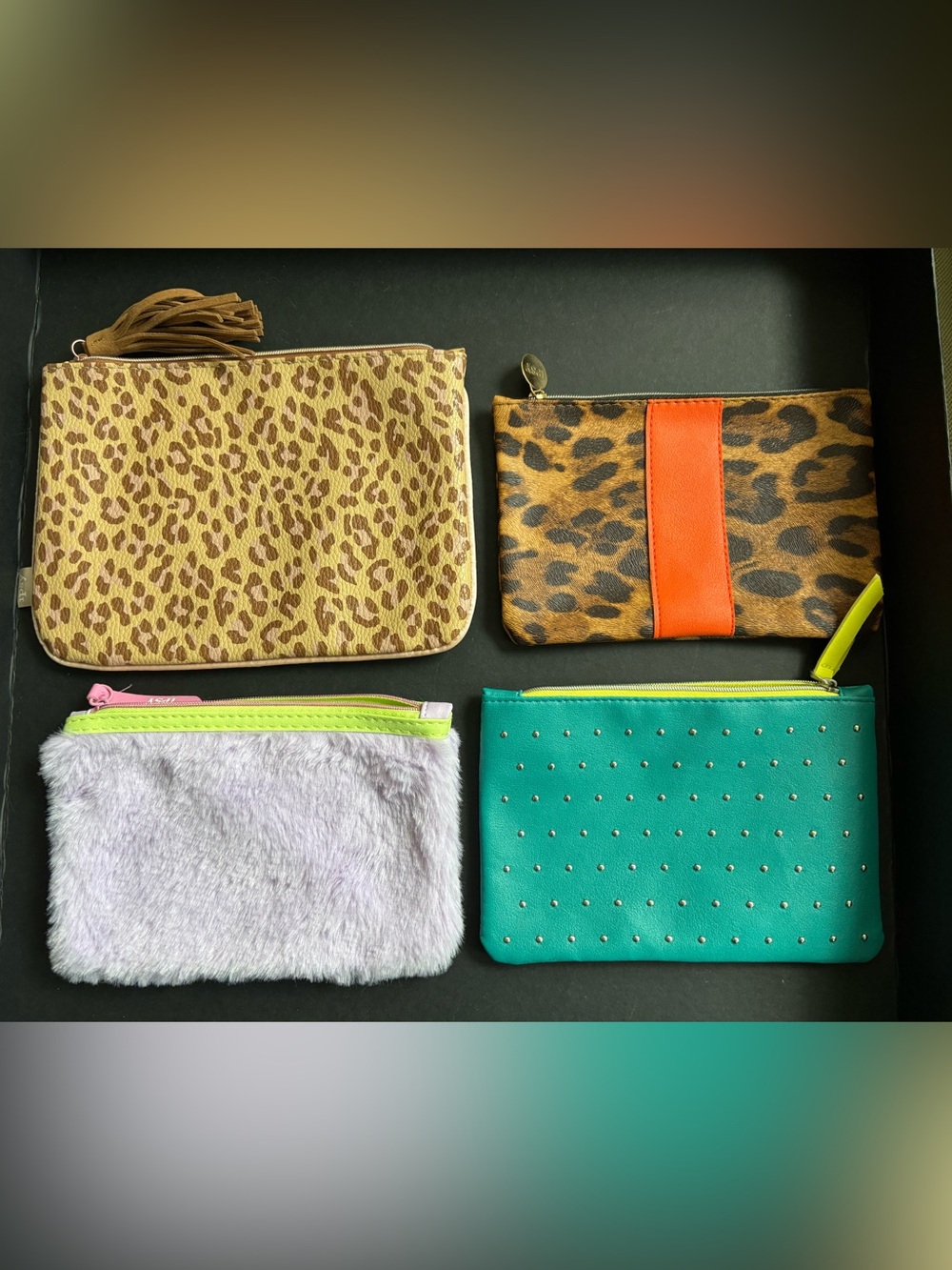 ipsy Leopard & Orange Accent Cosmetic Pouch Set with Teal and Lilac Cases